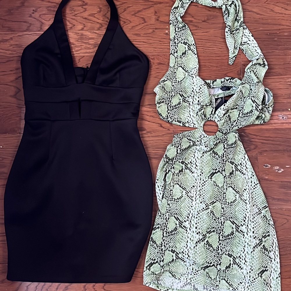 Black Halter Dress and Green Snake Print Dress